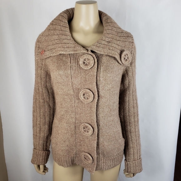 Lambswool/Alpaca Blend Turtle Neck Large Button Sweater Tan Sz M - Picture 3 of 8